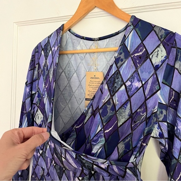 BLUE SKY Bamboo cross over neckline,purple blue diamond print blouse LARGE NWT - Picture 9 of 13